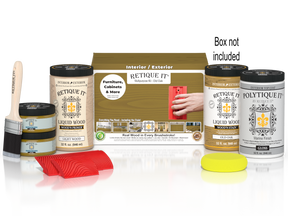 Large Old Oak Wood'n Finish Kit by Retique It® with exterior top coat, includes wood finish products and application tools in a box.