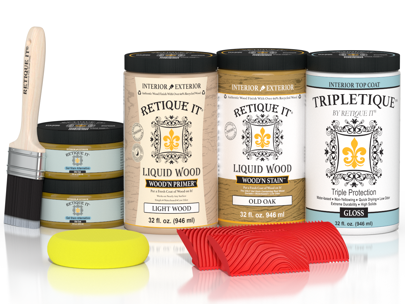 Large Old Oak Wood'n Finish Kit by Retique It® for interior furniture with a glossy top coat, including brushes and finishing tools.
