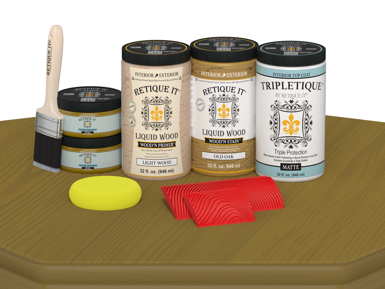 Large Old Oak Wood'n Finish Kit by Retique It® with matte interior top coat, featuring wood stain and finishing tools.