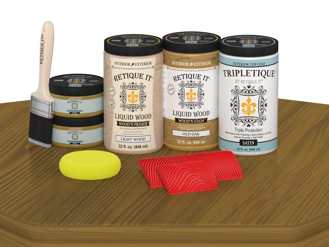 Retique It® Wood'n Finish Kit in Old Oak stain, four large containers of satin wood stain for tabletop refinishing.