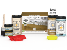 Retique It® Wood'n Finish Kit with four large Old Oak stains for tabletops, showcasing wood stain bottles and packaging.