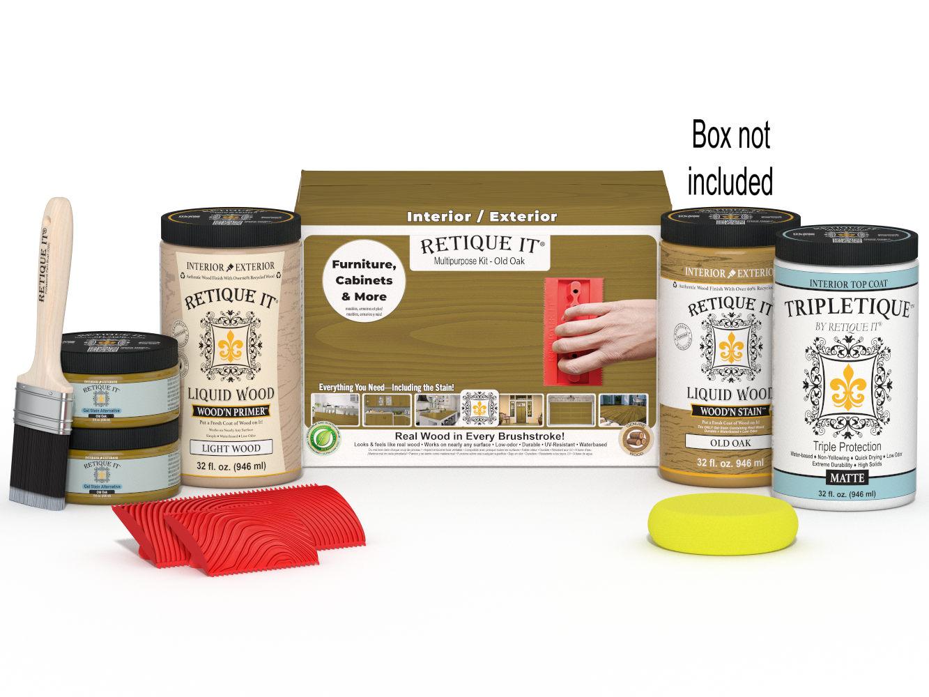 Large Old Oak Wood'n Finish Kit by Retique It® for interior top coating, includes wood finish and application tools.