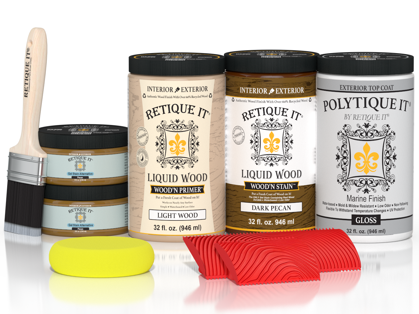 Large Dark Pecan Wood'n Kit by Retique It® with glossy exterior top coat, includes brushes and finishing supplies for wood projects.