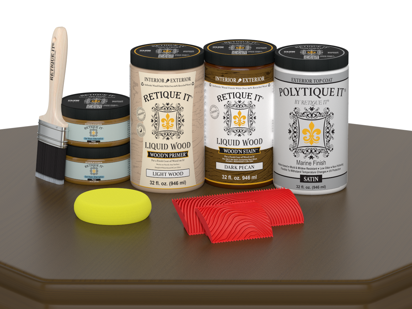 Large Dark Pecan Wood'n Kit by Retique It® for exterior projects, includes satin finish wood top coat and application tools.