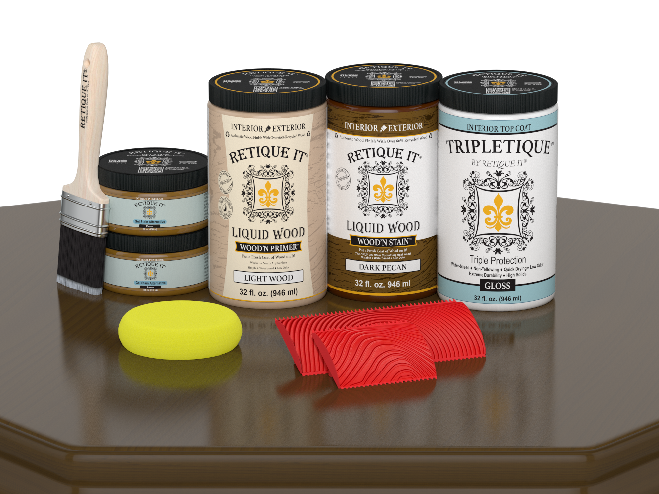 Large Dark Pecan Wood'n Finish Kit Interior Top Coat by Retique It® for wood furniture and surfaces, glossy wood finish application.