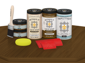 Retique It® Wood’n Finish Kit with four dark pecan stain bottles for tabletops, satin finish, wood stain set.