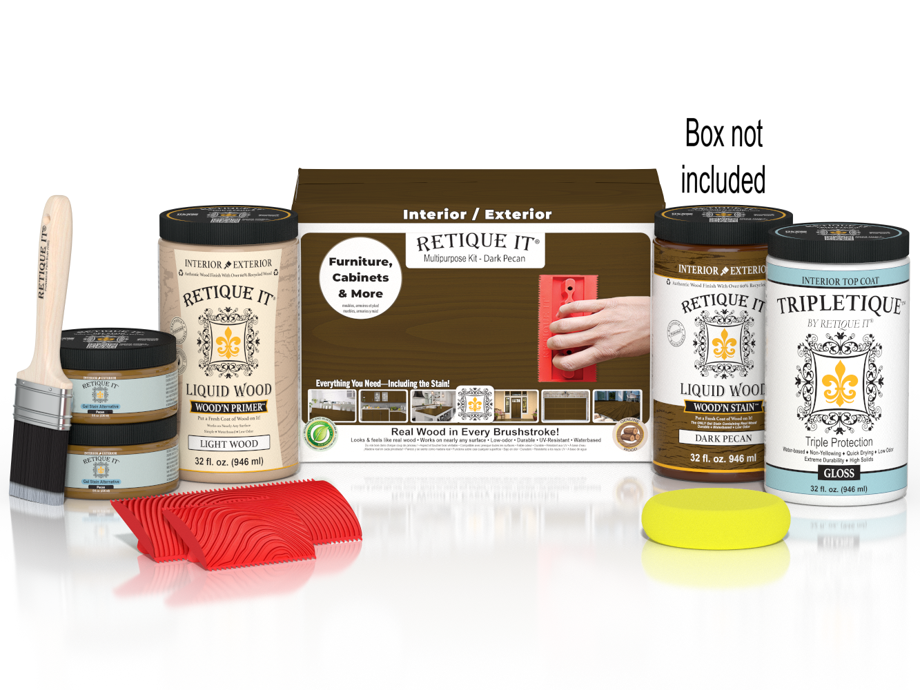 Large Dark Pecan Wood'n Finish Kit by Retique It® for interior projects, includes top coat and application tools in a box.