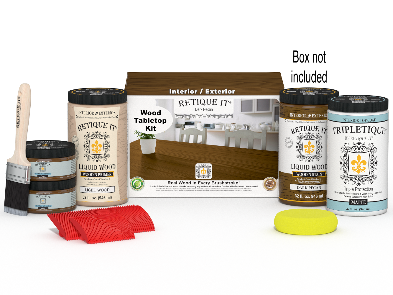 Retique It® Wood'n Finish Kit with four dark pecan stain bottles, designed for tabletop wood finishing projects.