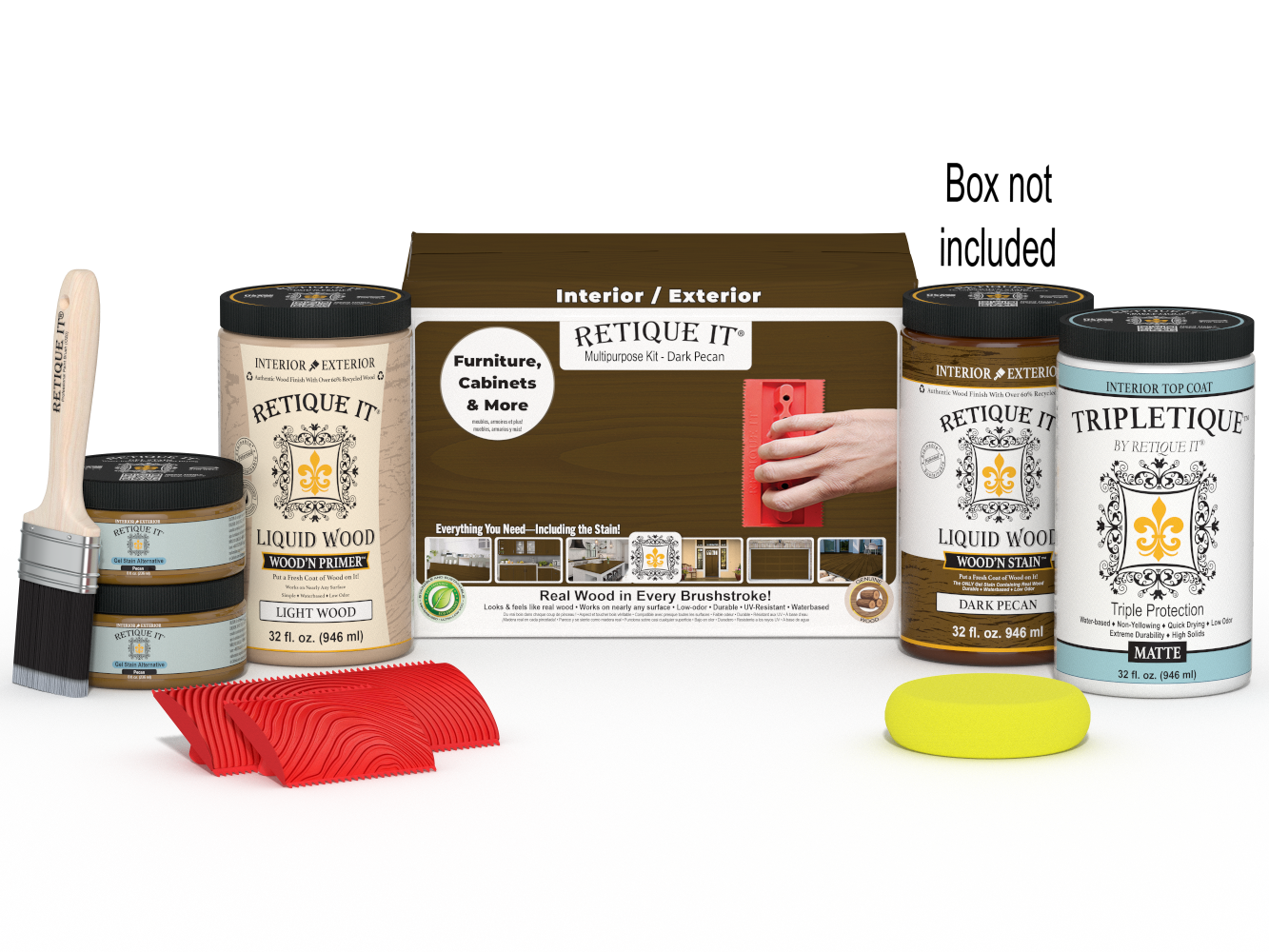 Large Dark Pecan Wood'n Finish Kit by Retique It® with interior top coat and wooden tools, in a box.