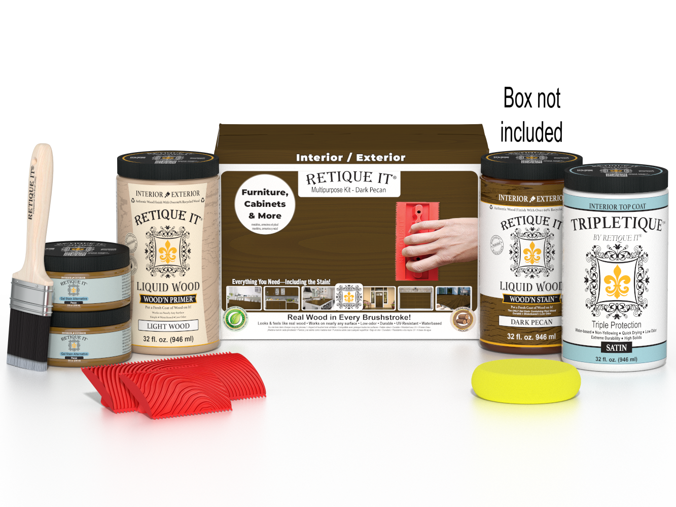 Large Dark Pecan Wood'n Finish Kit by Retique It® with interior top coat and wood finish supplies in a boxed set.