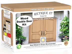 Double front door stained with Pickled Oak wood finish by Retique It® Wood'n Finish kit, showcasing the finished door.