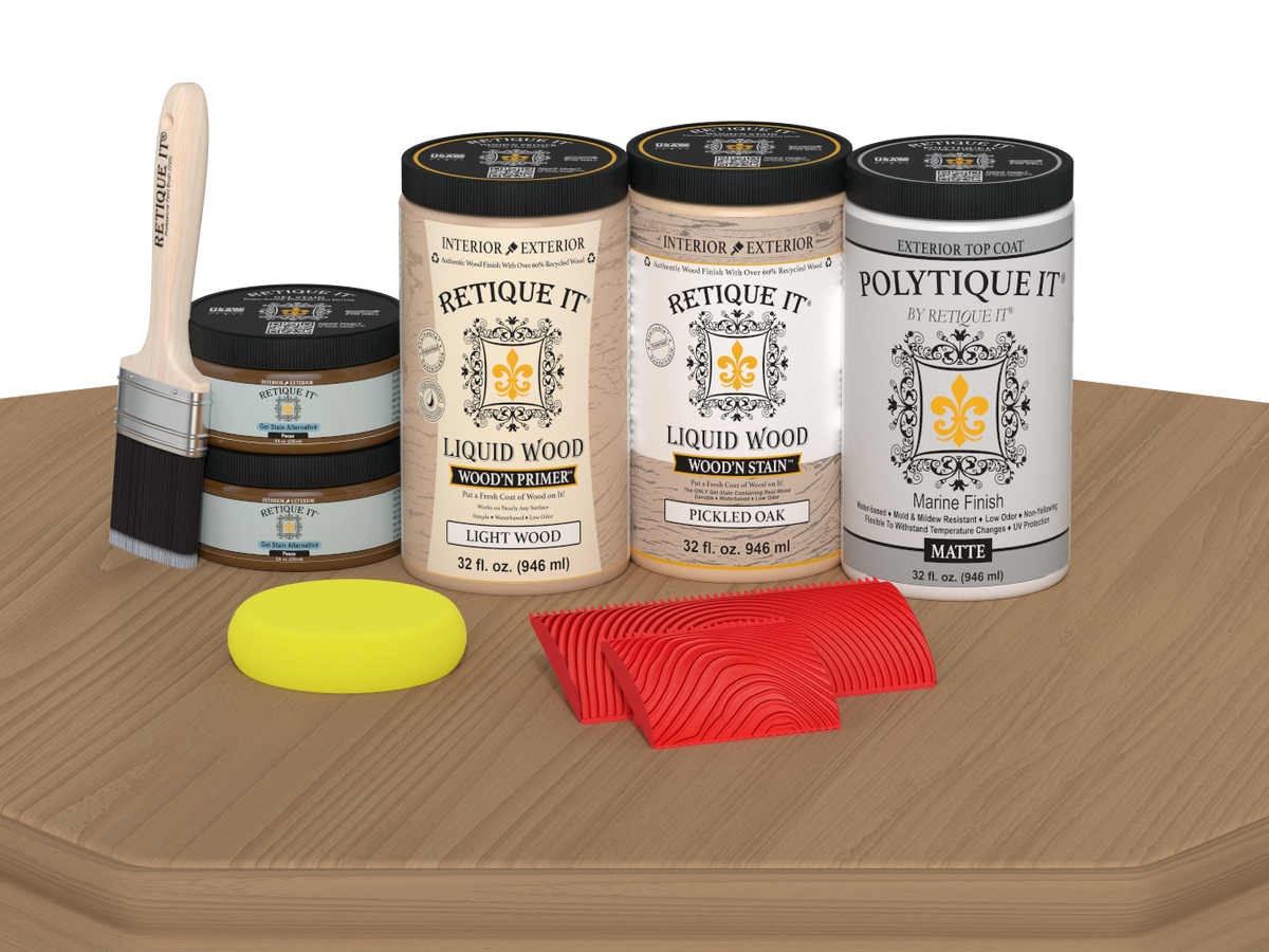 Retique It® Wood'n Finish front door kit in pickled oak stain, matte finish, displayed on a table.
