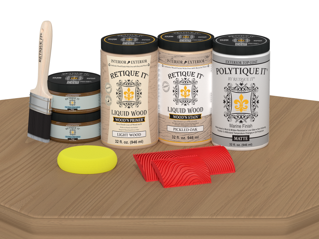 Retique It® Wood'n Finish front door kit in pickled oak stain, matte finish, displayed on a table.