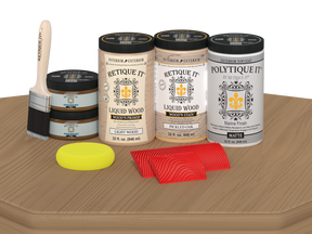 Retique It® Wood'n Finish front door kit in pickled oak stain, matte finish, displayed on a table.