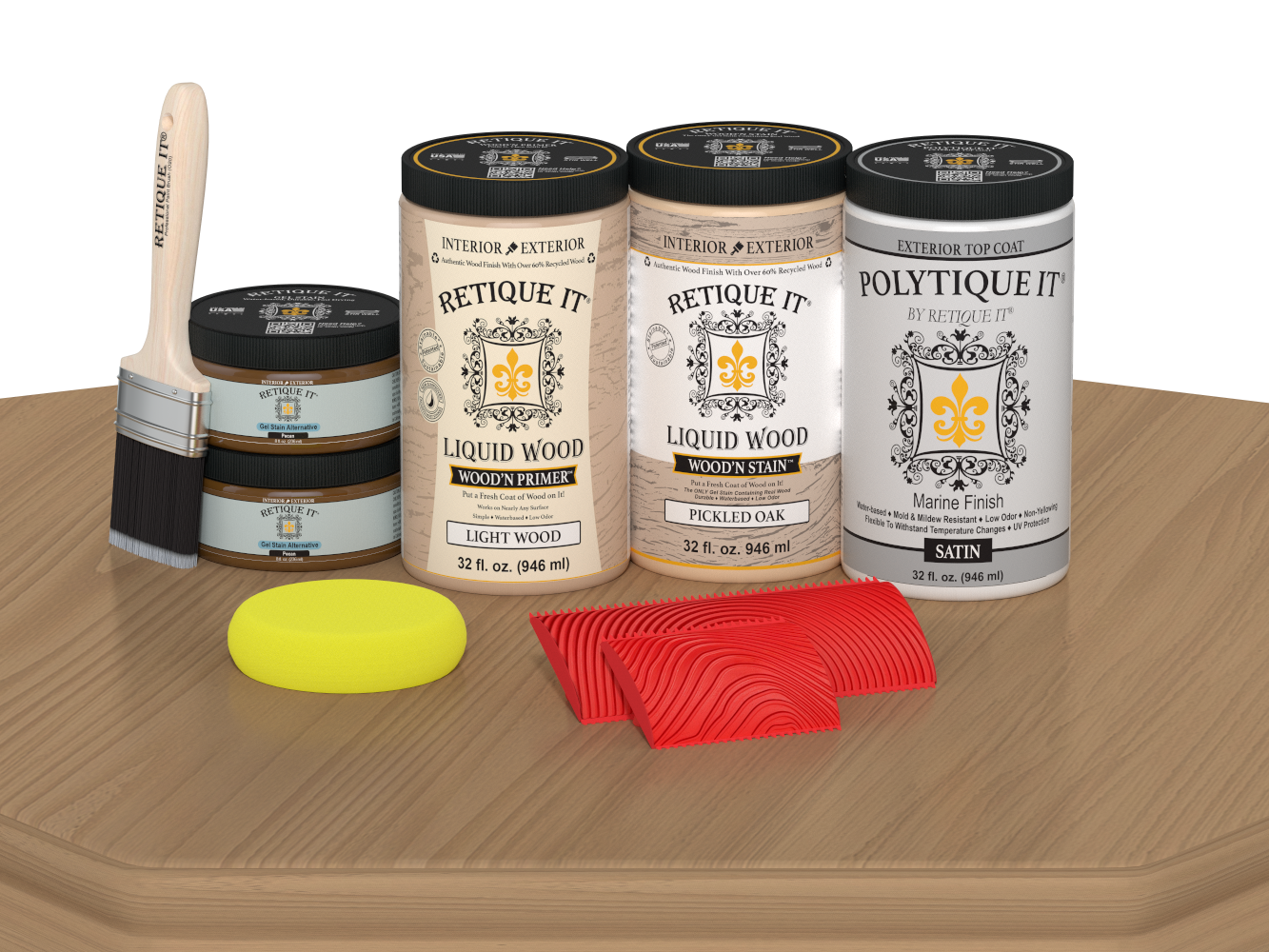 Retique It® Wood'n Finish Front Door Kit in Pickled Oak stain, showing a double door with satin finish on a table.