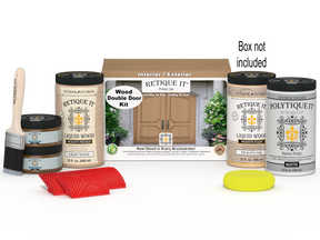 Double front door kit by Retique It® in Pickled Oak stain, showcasing the stained wood finish and packaging for the Wood'n Finish product.