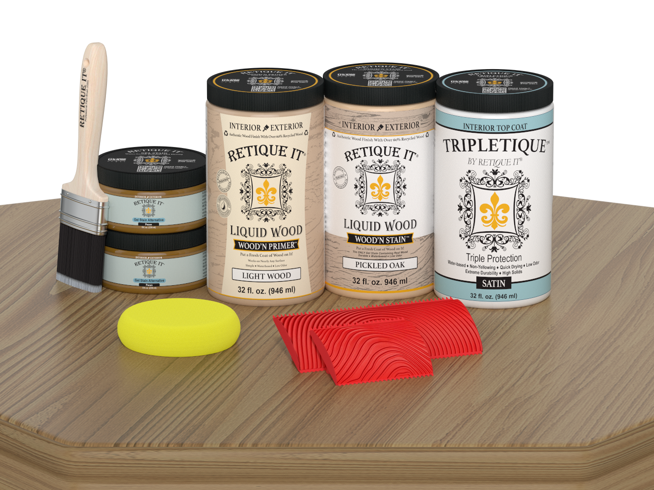 Large Pickled Oak Wood'n Finish Kit by Retique It® for interior top coat, shown on a table with satin finish.