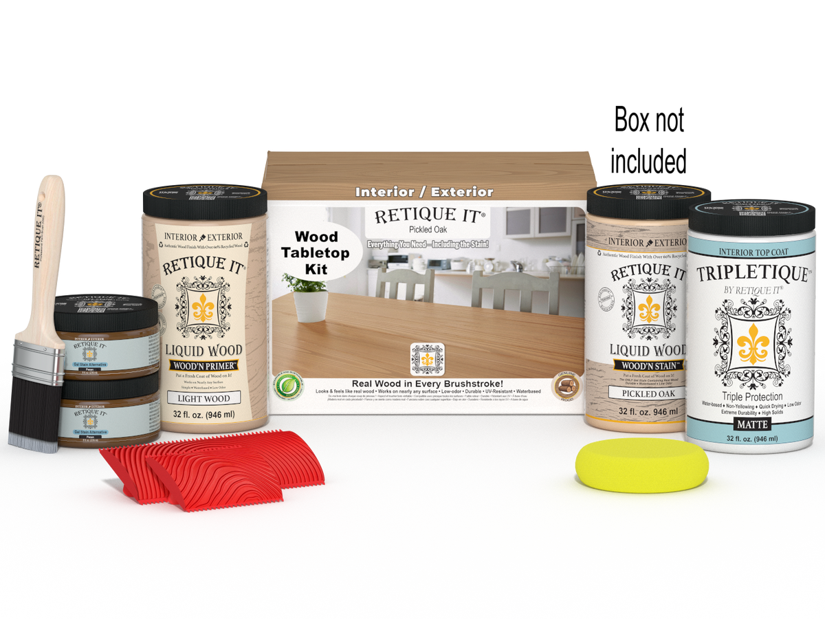 Retique It® Wood'n Finish Kit for tabletops, pickled oak stain, includes four large stain bottles with packaging.