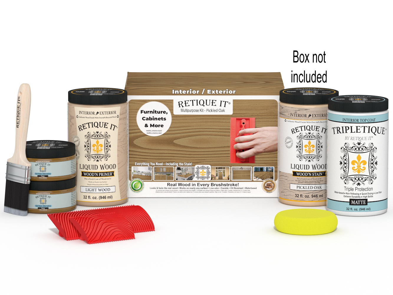 Large Wood'n Kit by Retique It® in Pickled Oak for interior top coating, includes wood finish supplies and tools.