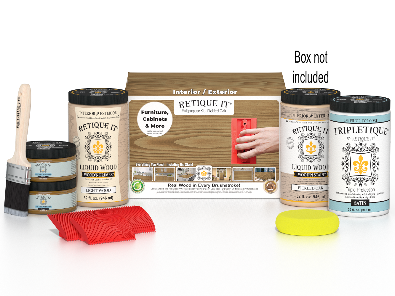 Large Wood'n Kit by Retique It® in Pickled Oak for exterior wood finishing, includes top coat and application tools.