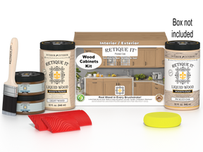 Retique It Wood'n Cabinet Kit with 12 pickled oak grained cabinet doors and stain options, showcasing natural wood textures.