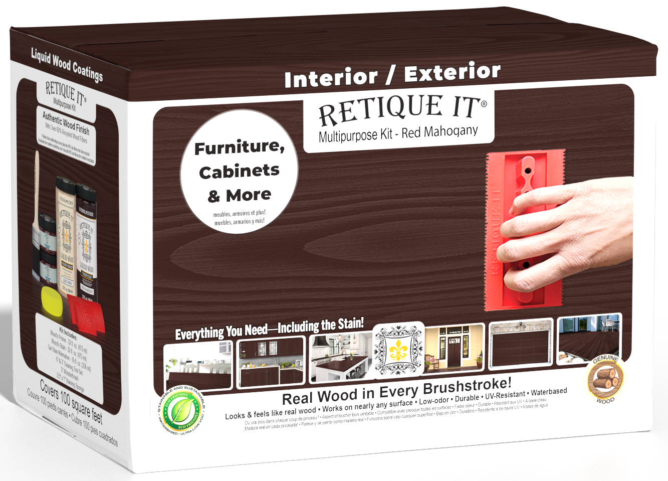 Large Red Mahogany Wood'n Finish Kit by Retique It® with wood stain and finishing supplies in a box.