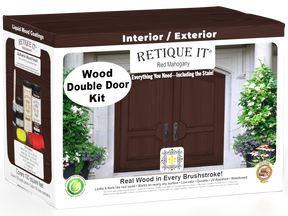 Double red mahogany stained wood front door kit by Retique It® with natural wood grain and decorative panels.