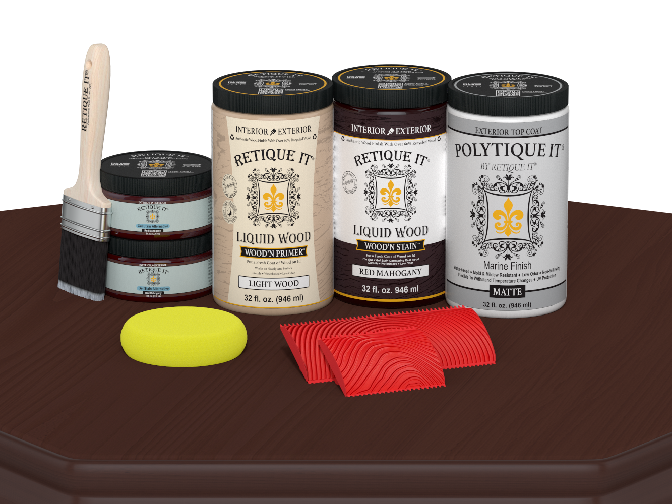 Large Red Mahogany Wood'n Finish Kit from Retique It® with exterior top coat and matte finish, shown with wood surface.