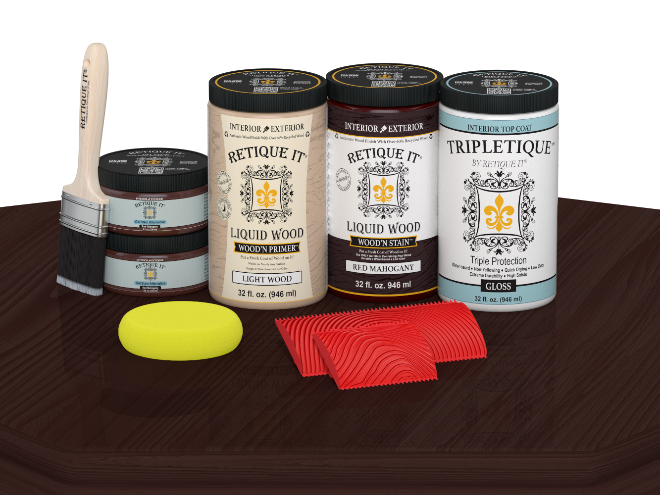 Retique It® Wood'n Finish Kit for tabletops, includes four large red mahogany stain bottles with glossy finish.