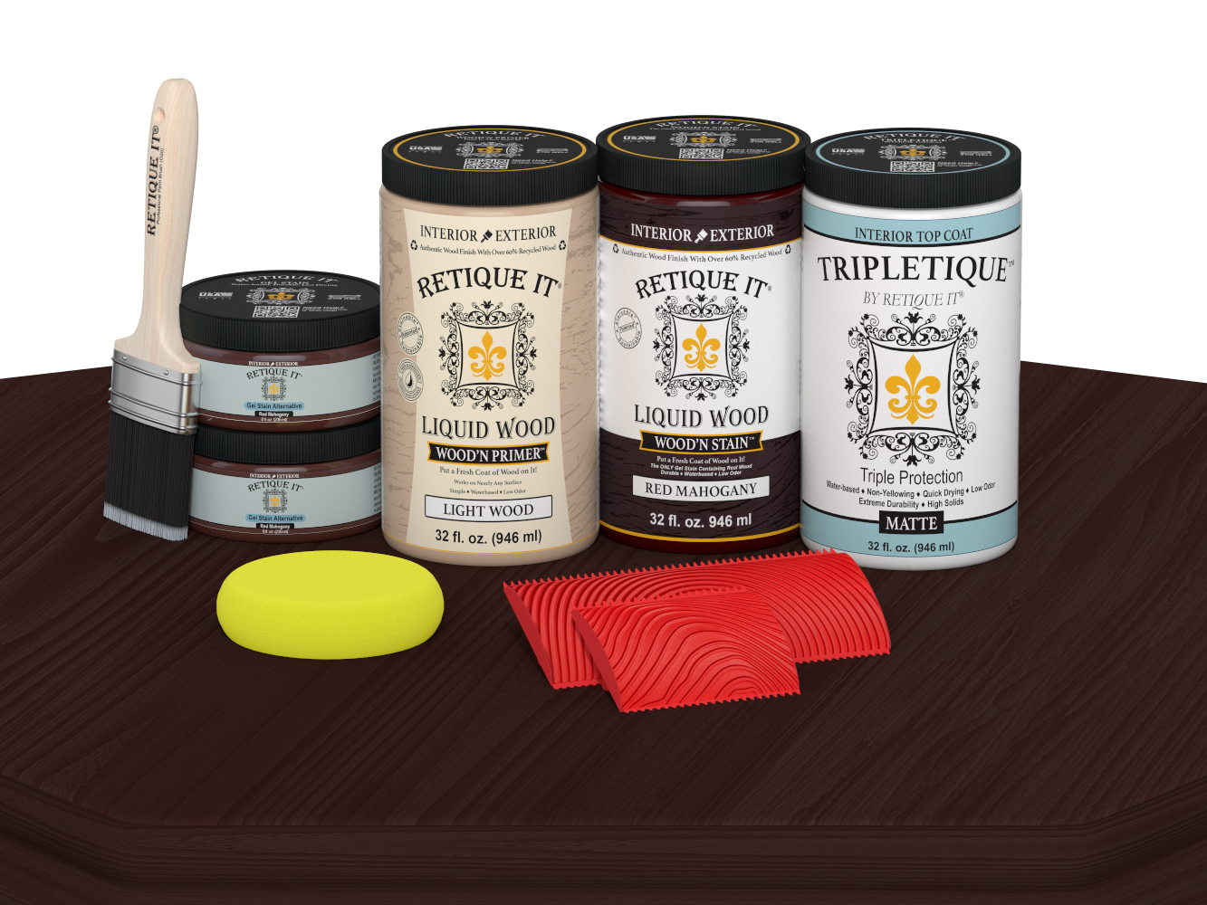 Retique It® Wood'n Finish Kit with four large red mahogany stain bottles and matte finish on a tabletop surface.