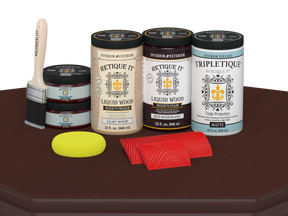 Large Red Mahogany Wood'n Finish Kit by Retique It® with matte interior top coat, includes wood finish tools and supplies.