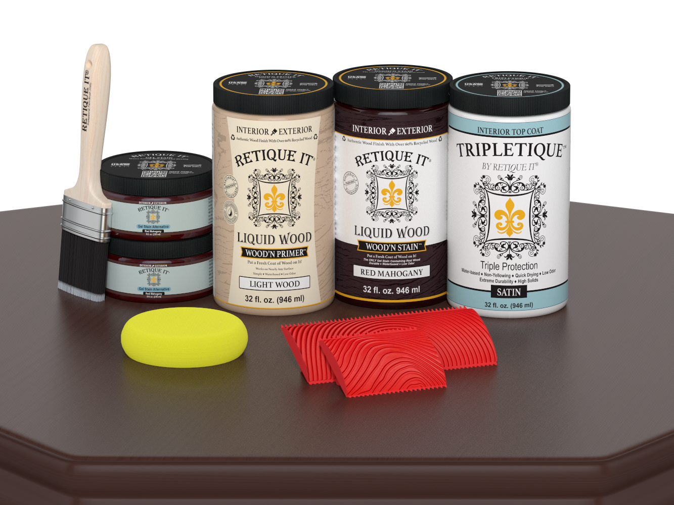 Large Red Mahogany Wood'n Finish Kit by Retique It® for interior wood projects, includes satin top coat and application tools.