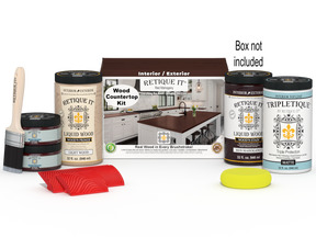 Retique It® Red Mahogany countertop stain kit with brushes and tools for full kitchen renovation.