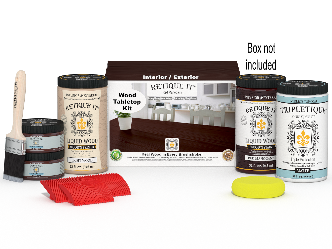 Retique It® Wood'n Finish Kit with four large red mahogany stain bottles for wood furniture finishing, shown with packaging.