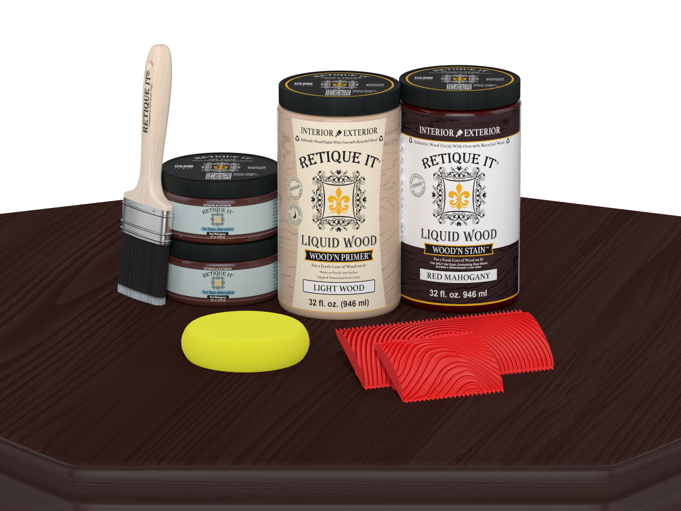 Retique It® Wood'n Cabinet Kit with 12 red mahogany stained cabinet doors and grain details, displayed on a table.