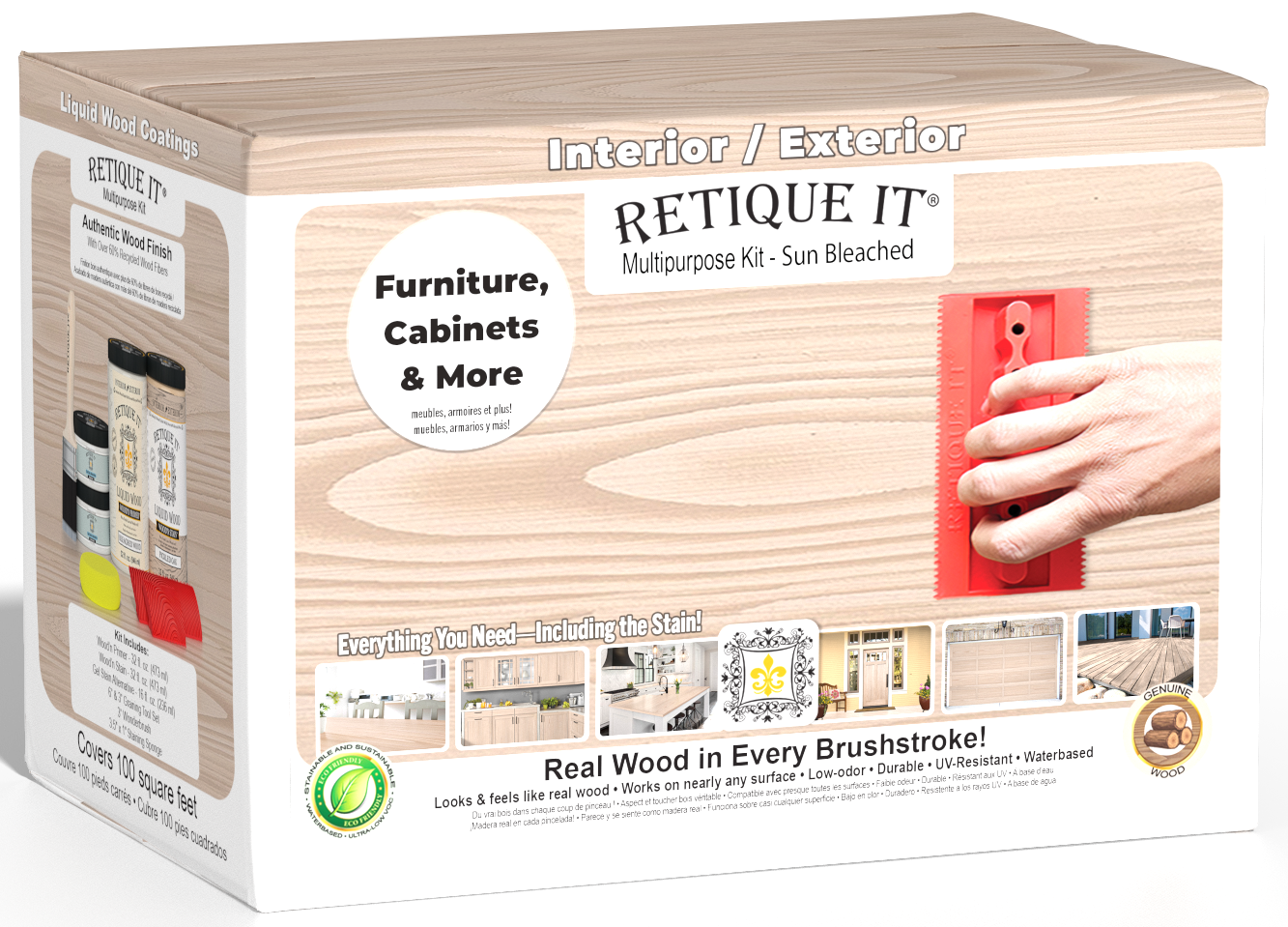 Large Sun Bleached Wood'n Finish Kit by Retique It® for multi-purpose wood finishing, featuring bottles, brushes, and accessories.