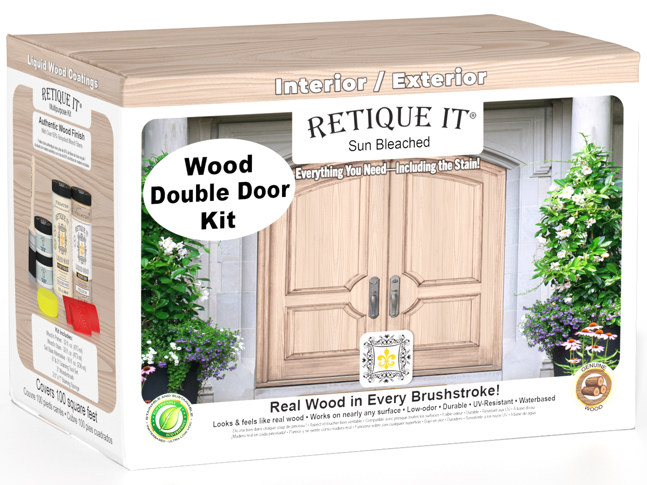 Double wood front door kit by Retique It® in sun-bleached finish, showcasing the finished wood grain and double door design.