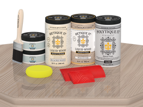 Large Sun Bleached Wood'n Finish Kit by Retique It® with gloss exterior top coat, displayed on a table for multi-purpose wood finishing.