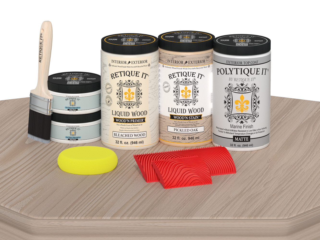 Large Sun Bleached Wood'n Kit by Retique It® for exterior wood finishing with matte top coat, displayed on a table.