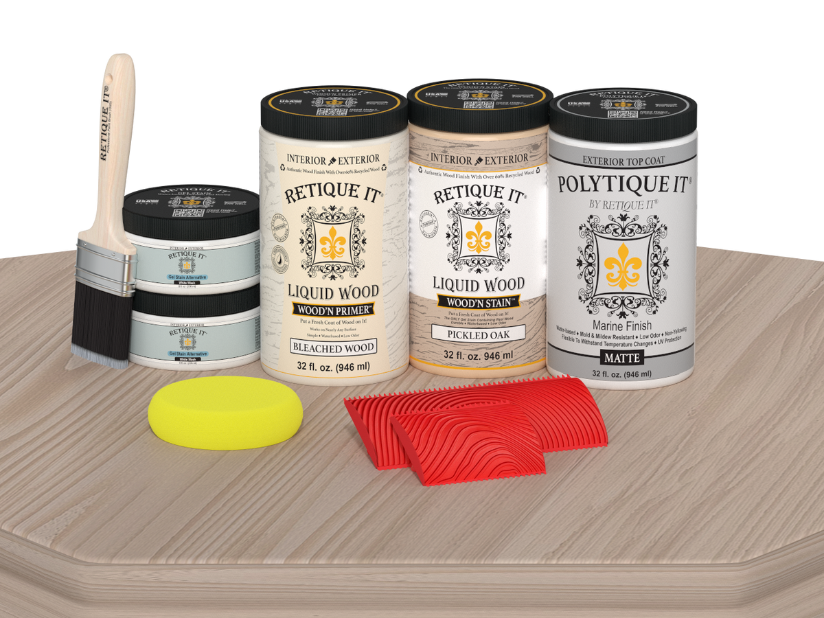 Retique It® Wood'n Finish Front Door Kit (Double) in Sun Bleached with matte finish, shown on a table.
