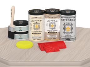 Retique It Wood'n Finish Kit in matte, shown on a table with a wood finish application, part of the WNK-SBCH-PLTQM product line.