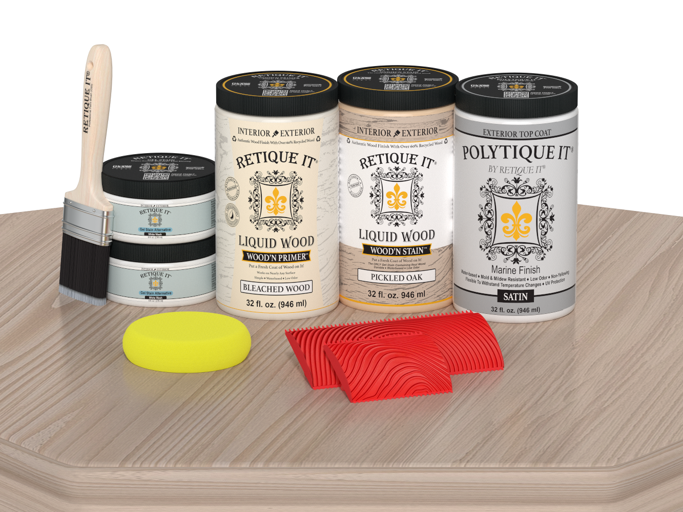 Retique It Wood'n Finish Front Door Kit (Double) in Sun Bleached with satin finish, showing the kit components on a table.