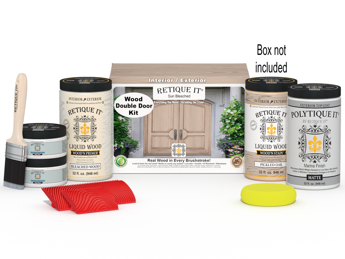 Retique It® Wood'n Finish Front Door Kit for double doors in sun bleached wood finish, includes tools and materials in packaging.