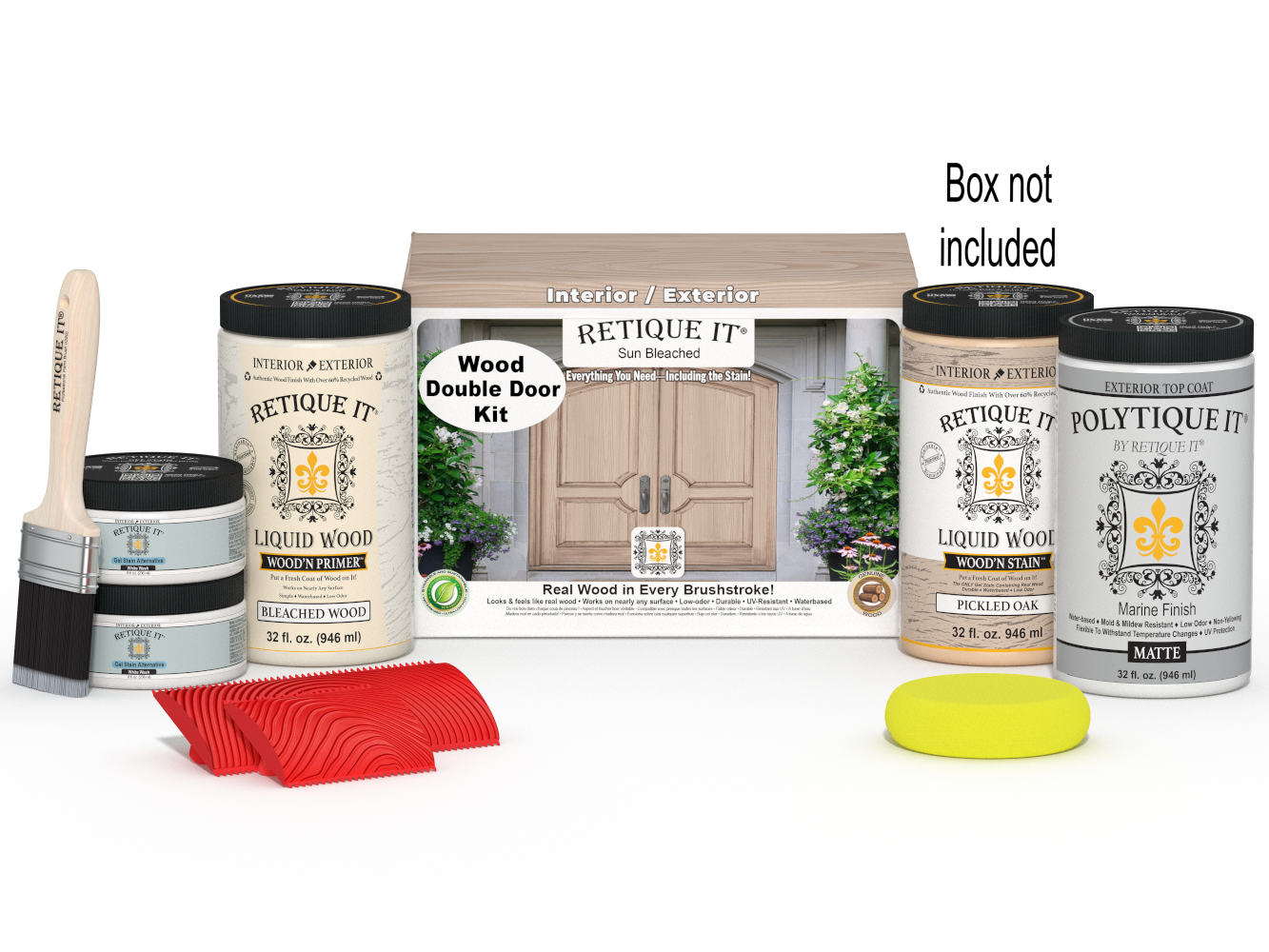 Retique It® Wood'n Finish Front Door Kit for double doors in sun bleached wood finish, includes tools and materials in packaging.