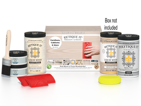 Retique It Wood'n Finish Kits in WNK32-SBCH-PLTQS with packaging, showcasing natural wood finish options and tools included.