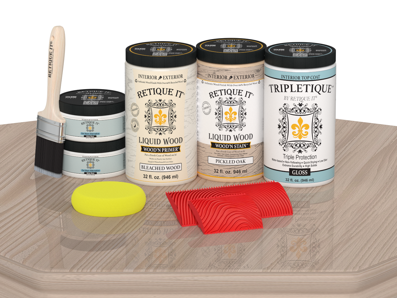 Large Sun Bleached Wood'n Finish Kit by Retique It® for interior top coats, showcasing the gloss finish on a wooden surface.