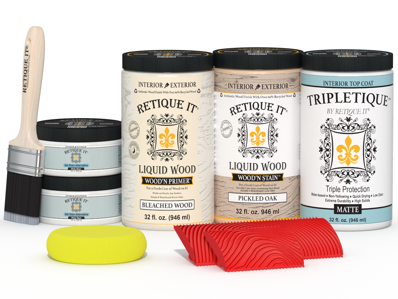 Large Sun Bleached Wood'n Finish Kit by Retique It® with matte top coat, featuring wood finishing supplies and tools.