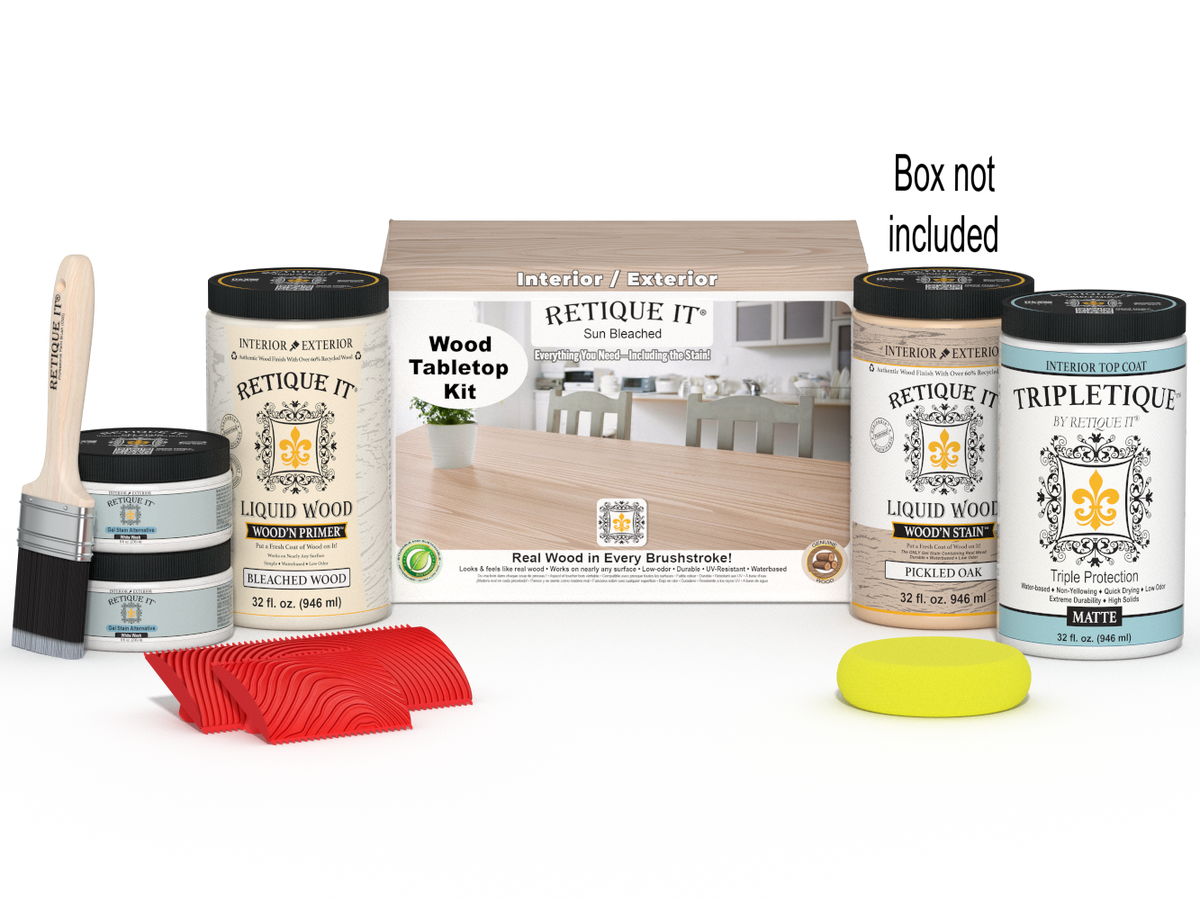 Retique It® Wood'n Finish Kit for tabletops, Sun Bleached color, includes four large finish bottles and application tools.