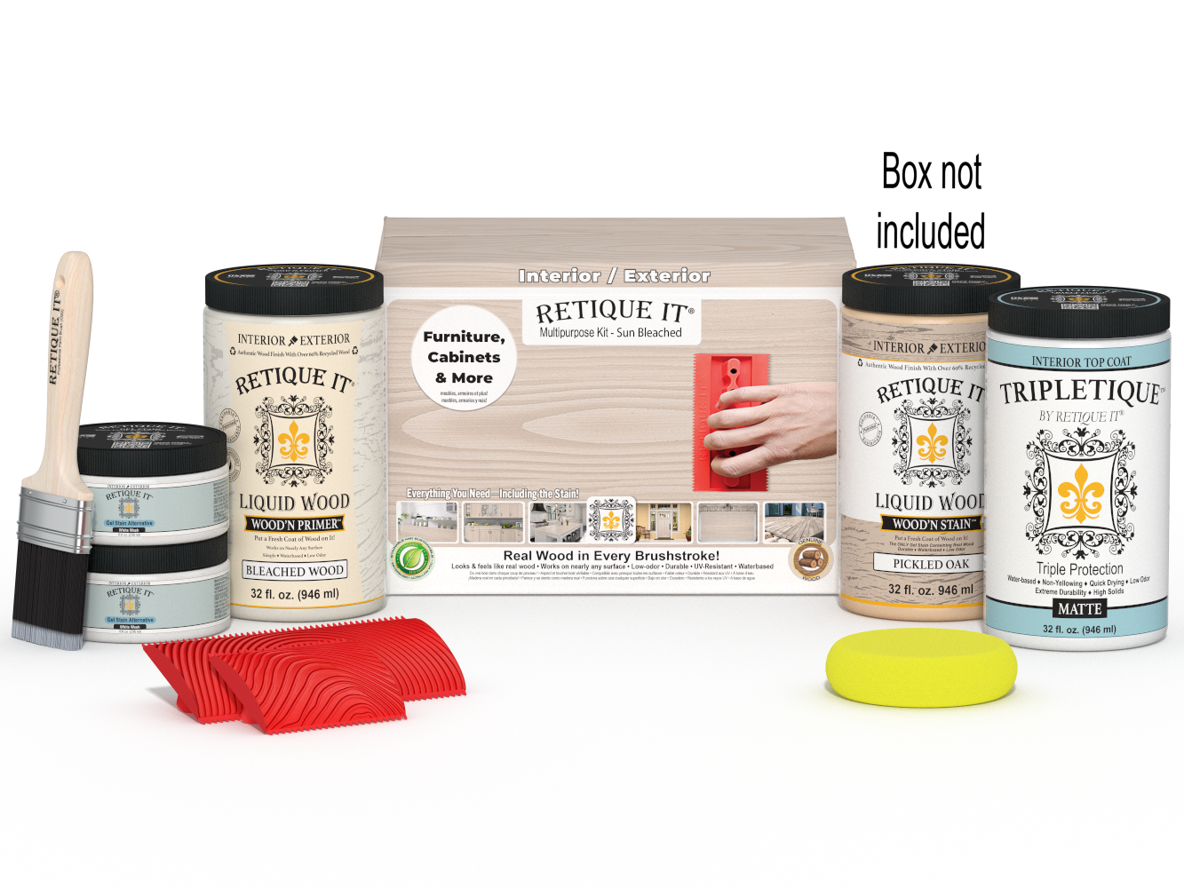 Retique It Wood'n Finish Kit with sandpaper and tools for wood finishing, shown in the box.