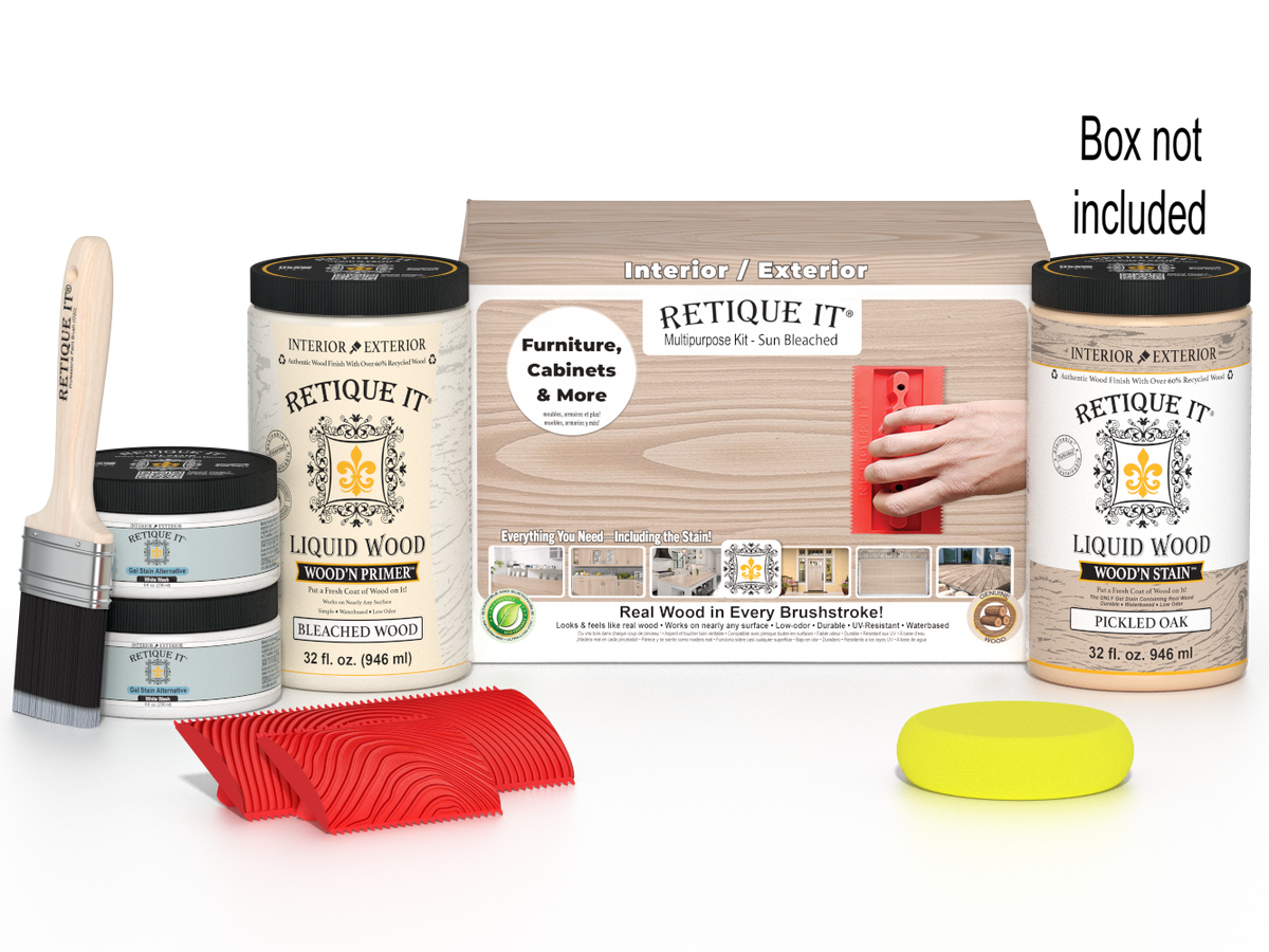 Large Sun Bleached Wood'n Kit by Retique It® for finishing and restoring wood surfaces, includes brushes and accessories.